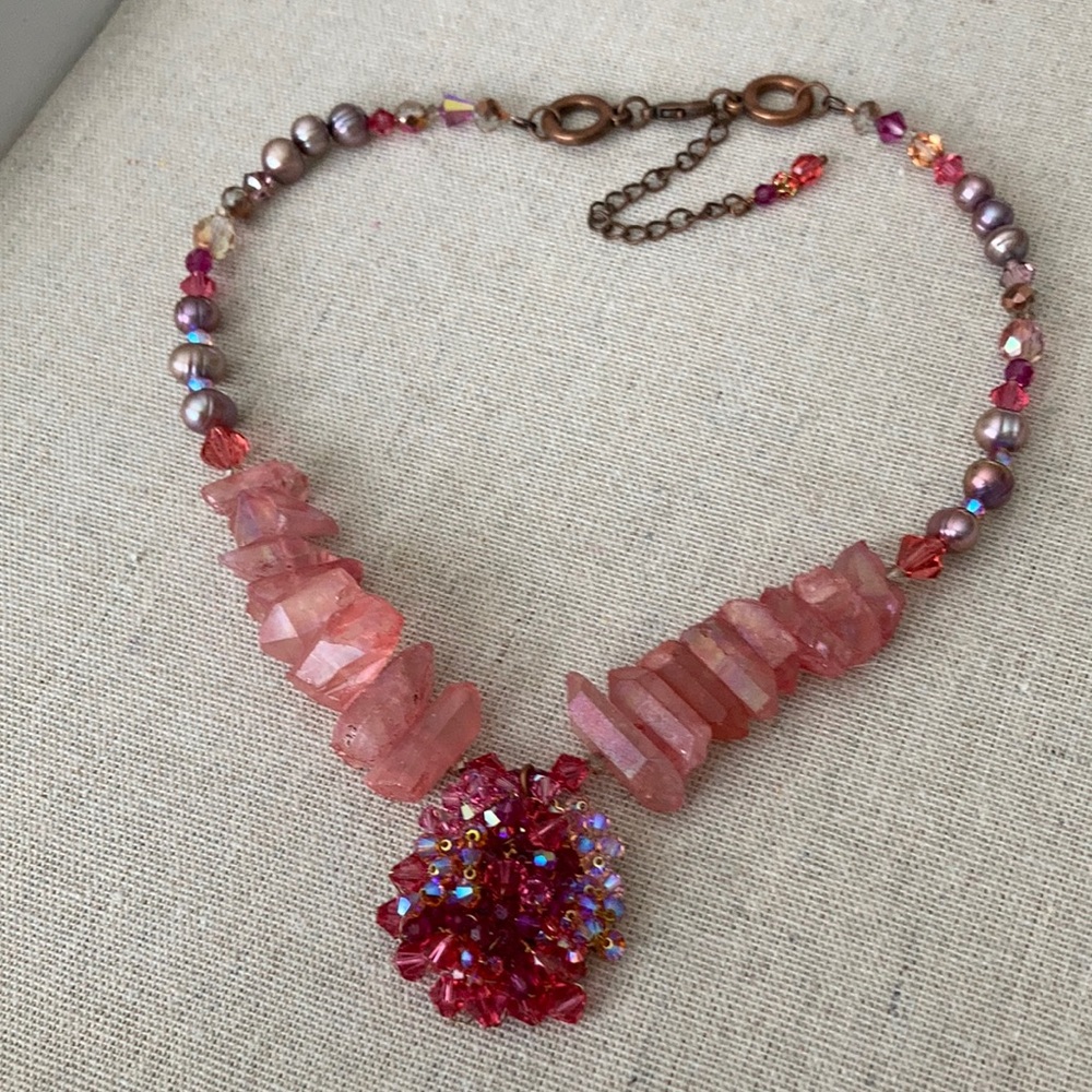 Swarovski Crystal Studded Wrapped Pendant w Peachy Pink Quartz Crystal N…